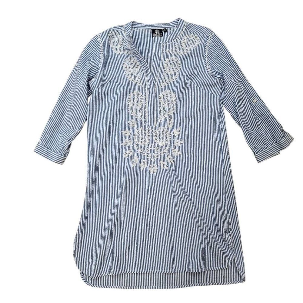 Madison Mathews Dress Women's Medium Blue‎ Striped Embroidered Floral Cotton